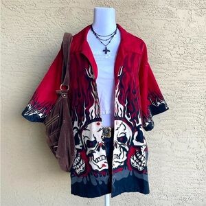 Mens Vintage steve & barry’s skull flame print bowler shirt